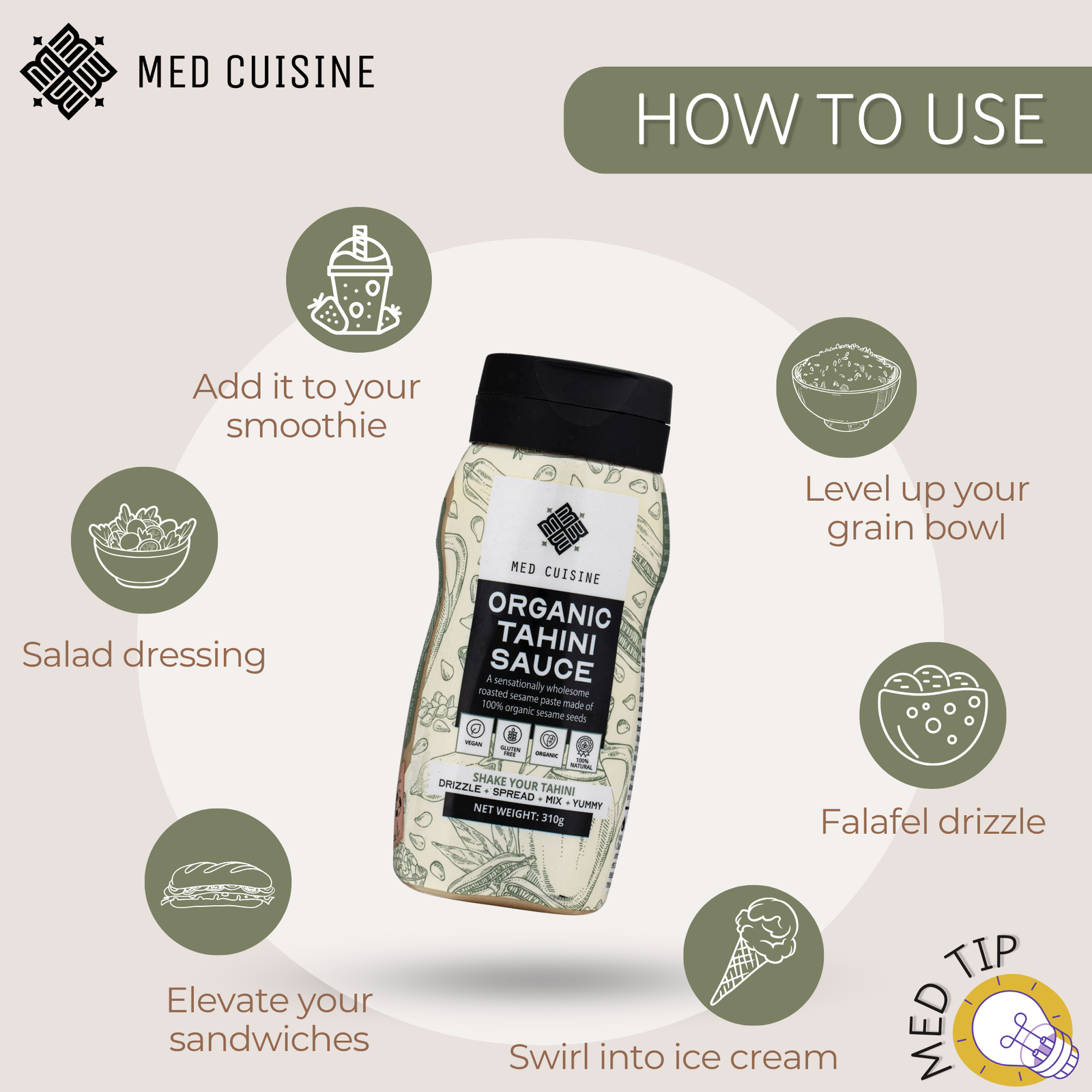 Creamy tahini sauce being drizzled over a Middle Eastern platter